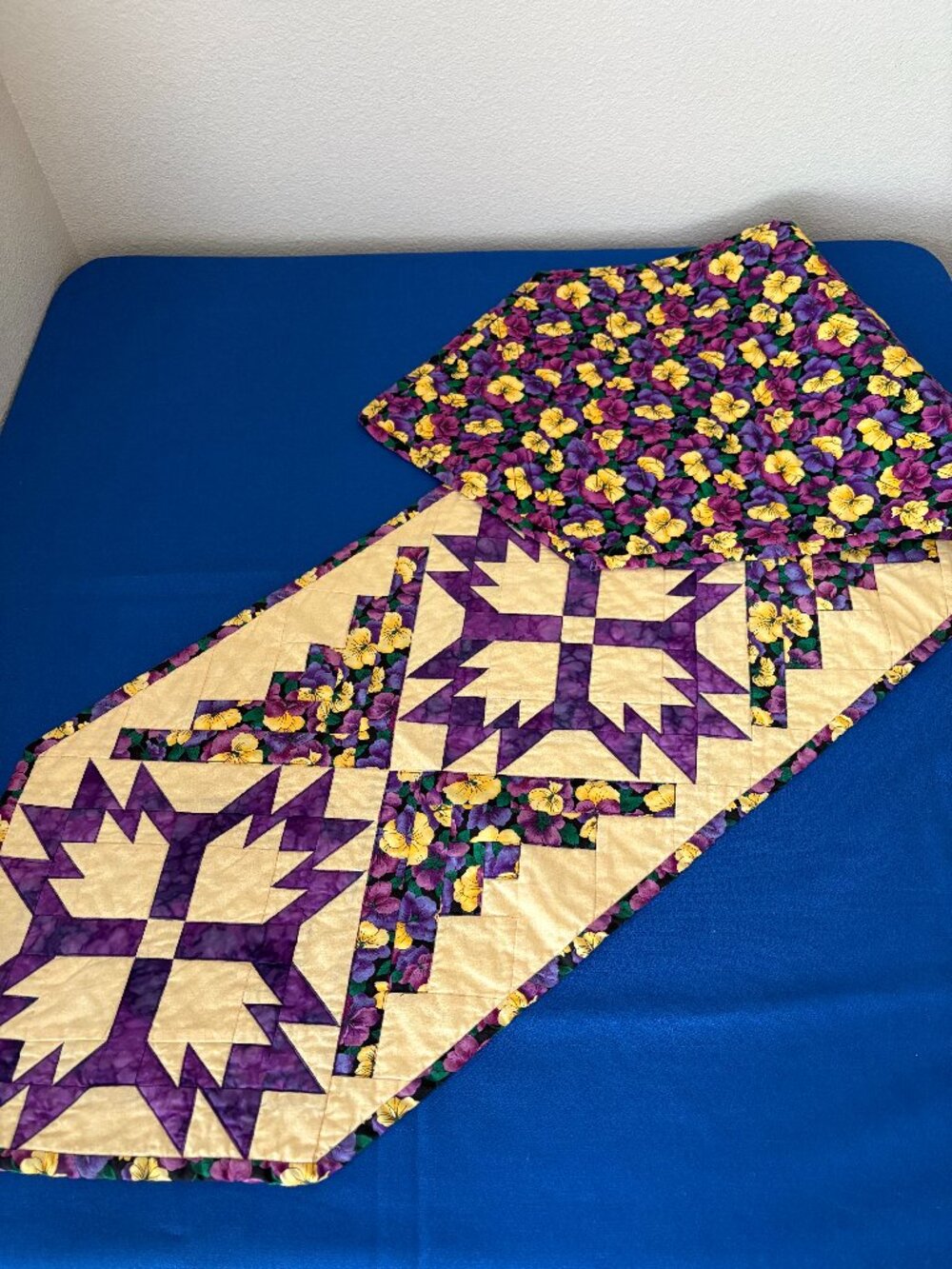 Table Runner Quilted Bear Paw Claw Star Purple Yellow Pansy Floral Handmade